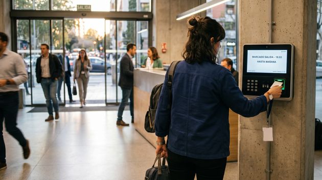 Una mujer fichando la salida de su trabajo