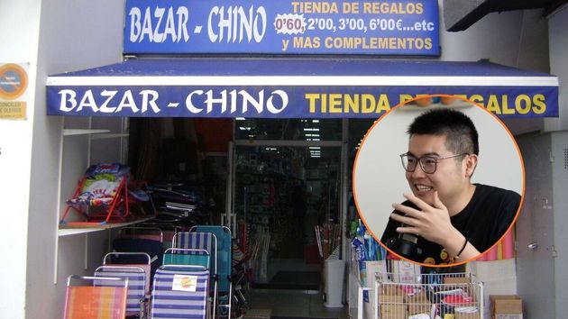 la fachada de un bazar y el protagonista durante la entrevista
