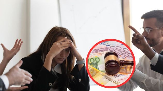 Personas discutiendo y mazo de juez sobre billetes de euro 