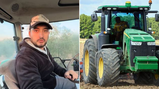 Juanjo montado en su tractor y un tractor por el campo