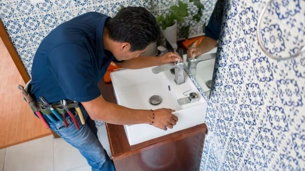 Fontanero trabajando en la reforma de un baño