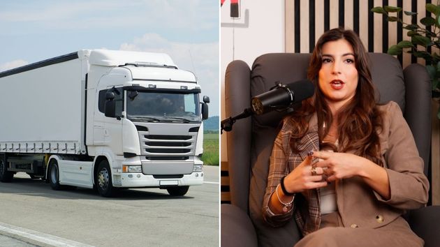un camion en carretera y ainoa blasco