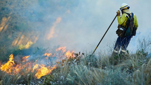 Un bombero apagando un fuego