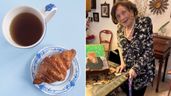 una taza de te y croisan y renata a la derecha