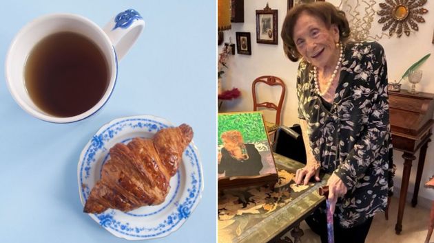 una taza de te y croisan y renata a la derecha