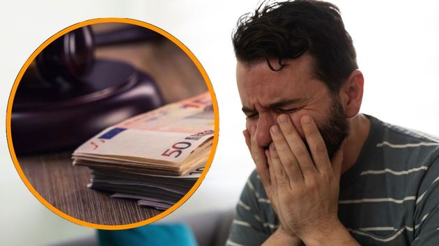 Un hombre triste junto a una imagen con billetes de euro