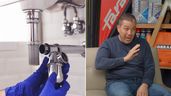 arreglando un lavabo y el fontanero durante la entrevista