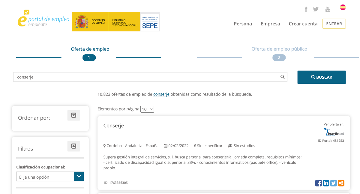 imagen de la web del SEPE donde publican las ofertas para conserje