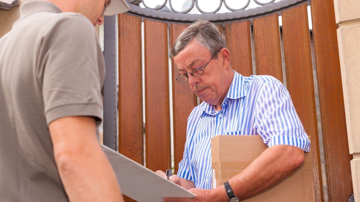 hombre recibiendo paquete en su casa