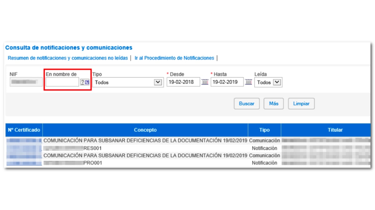 Consulta de notificaciones en la Agencia Tributaria "en nombre de". 