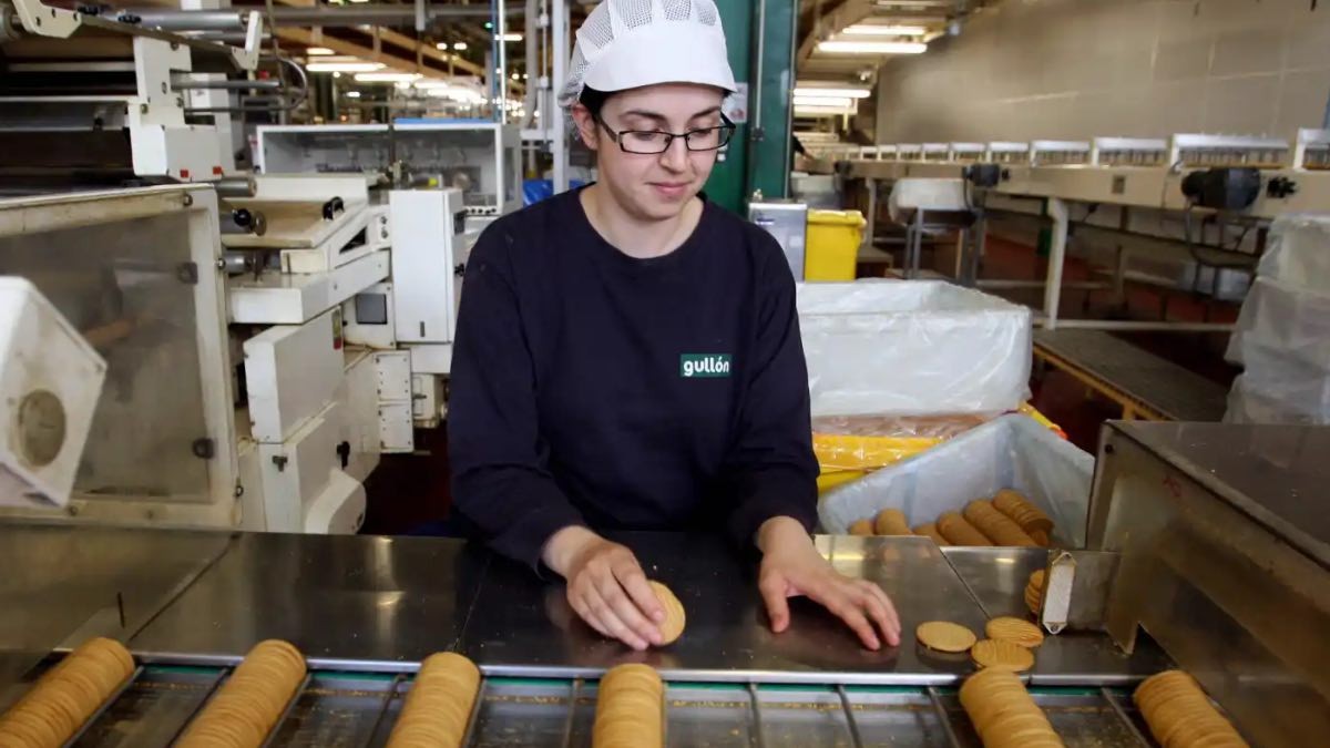 Gullón oferta 300 empleos estable en sus fábricas de galletas con sueldo de hasta 52.000 euros Una empleada de Galletas Gullón durante la elaboración del producto.