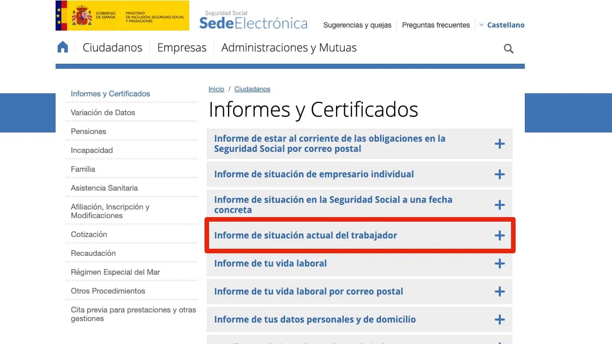 Sede electrónica de la Seguridad Social: informe situación actual del trabajador