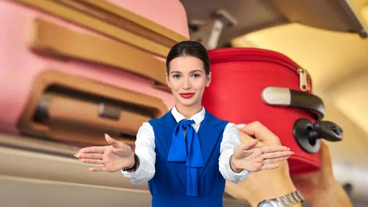 Montaje fotográfico de unas maletas en la cabina de un avión junto a una azafata