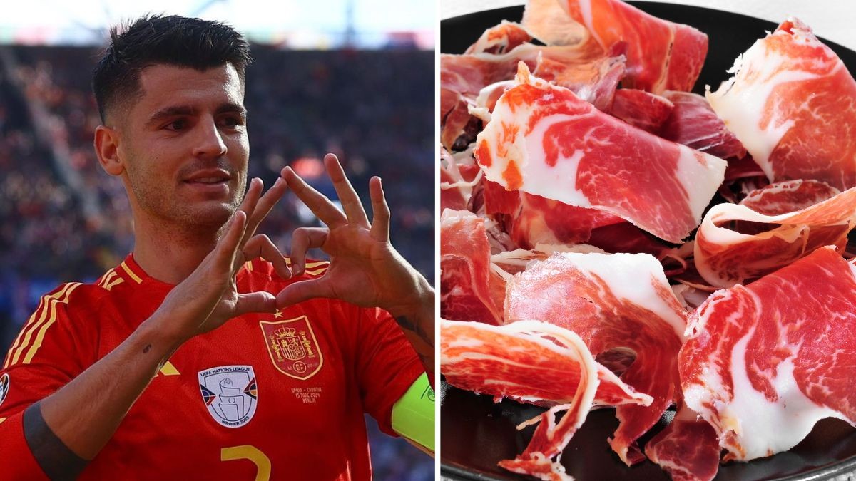 ‘El Marrano’ de Álvaro Morata: así es el jamón 100% ibérico de bellota del capitán de la Selección Española Álvaro Morata hace el gesto del corazón al lado de un plato de jamón.
