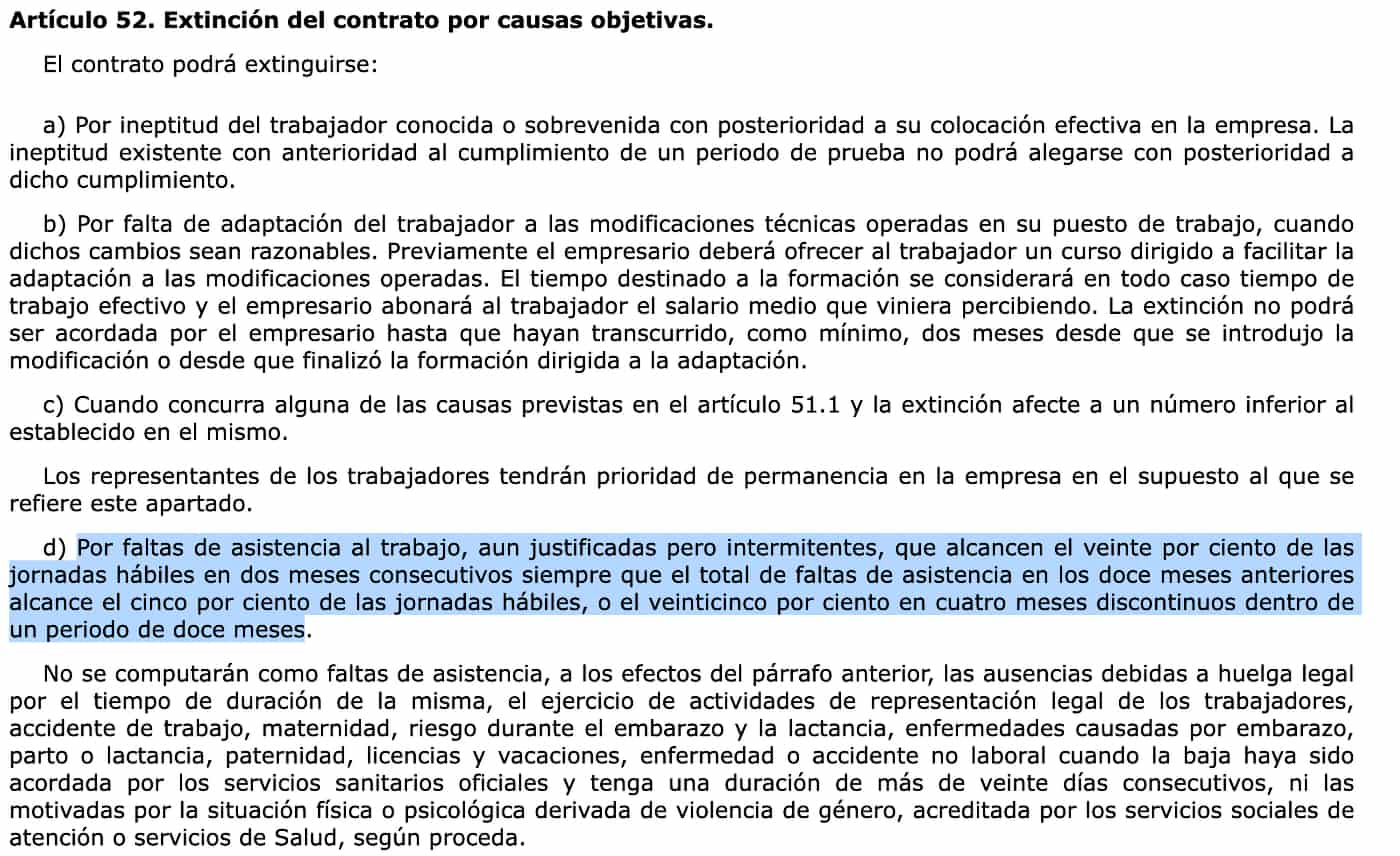 Artículo 52.d del Estatuto de los Trabajadores