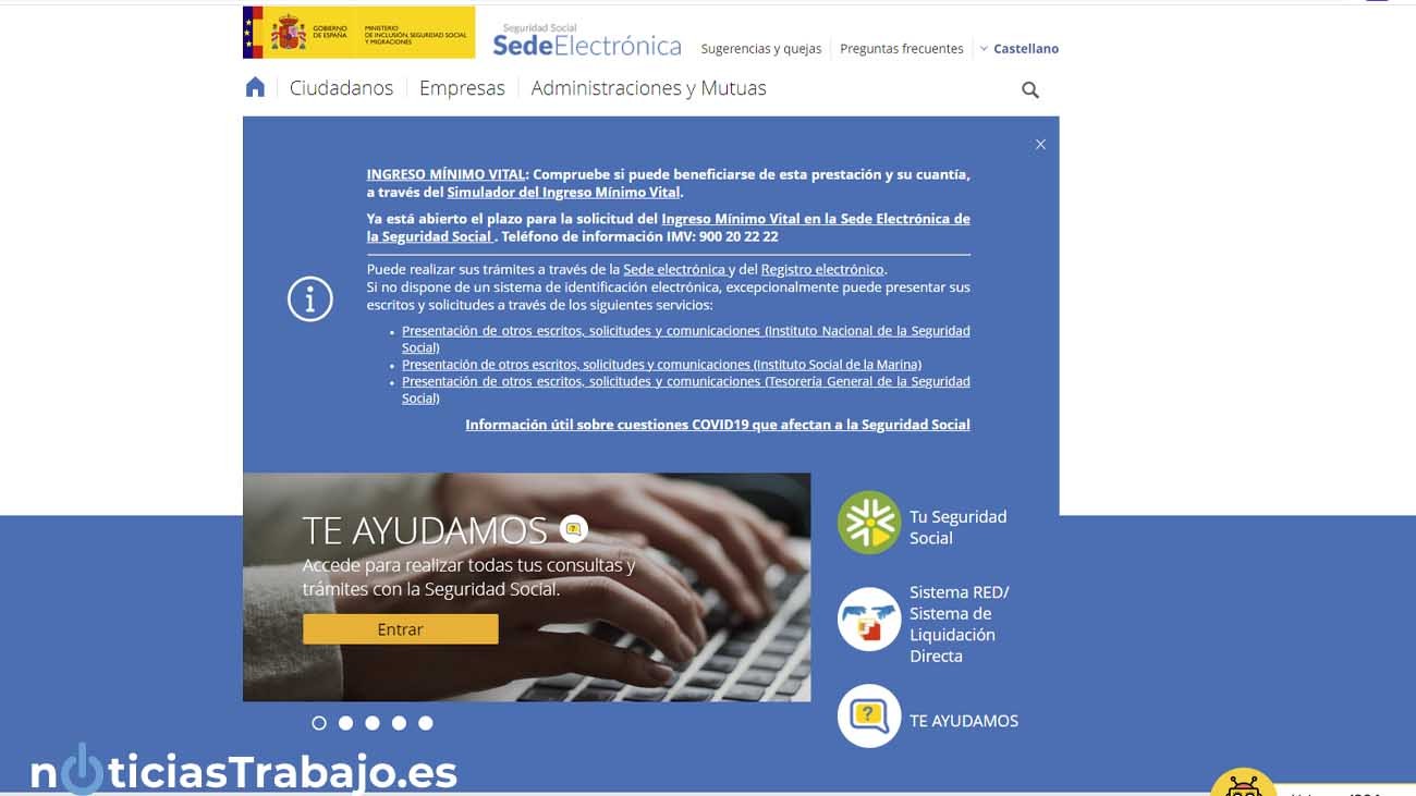 Captura de la web de la Seguridad Social