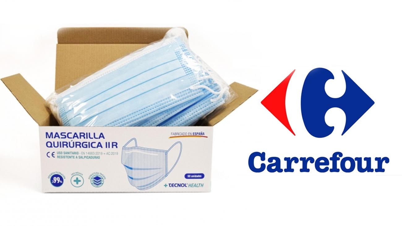 Carrefour vende un pack de 50 unidades de mascarillas quirúrgicas fabricadas en España por 7,20€