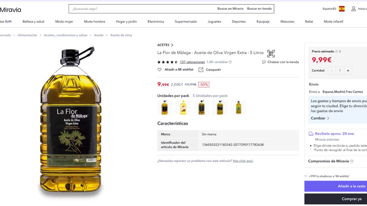 Captura de pantalla de aceite de oliva en promoción en Miravia