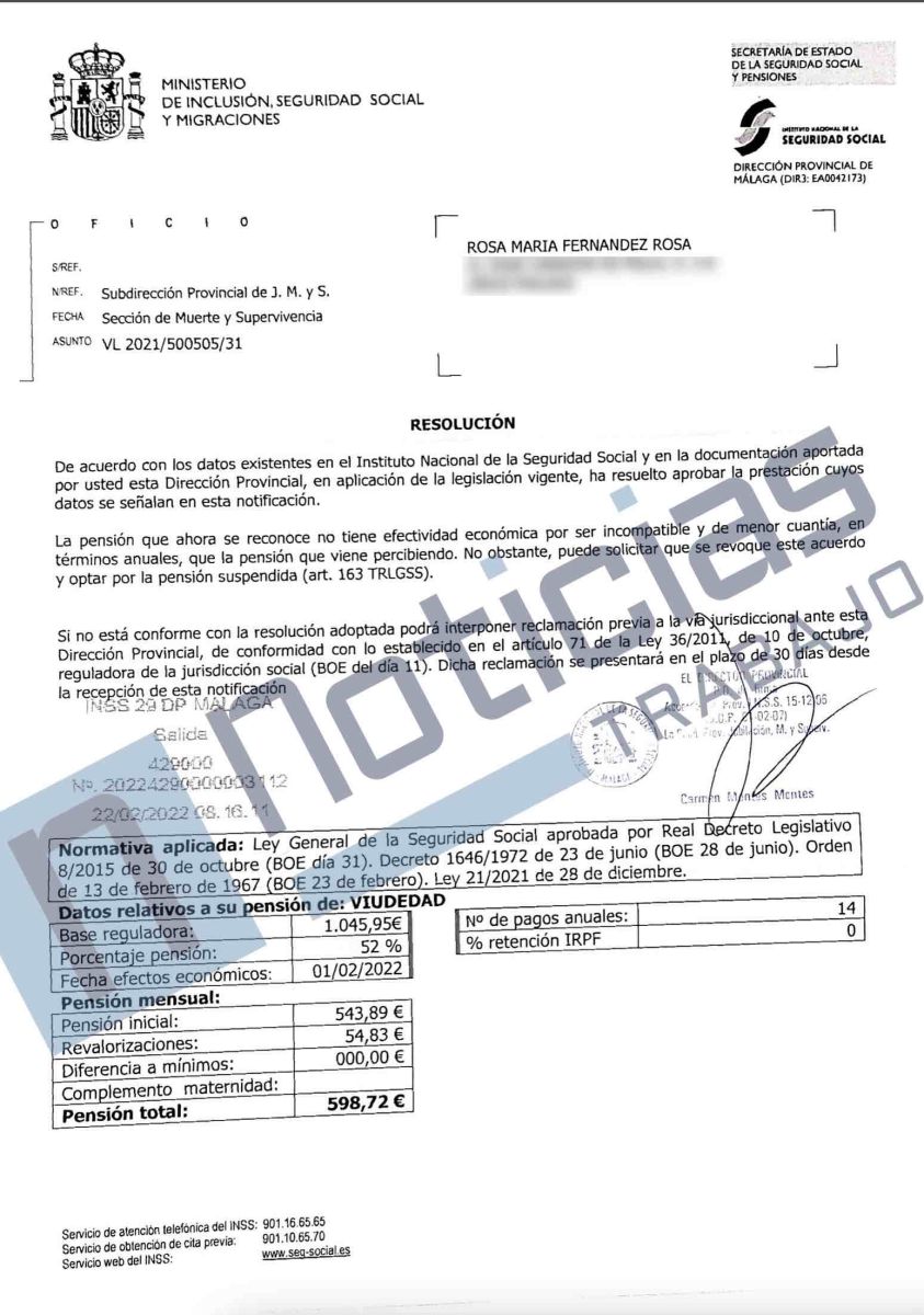 Carta de denegación de la pensión de incapacidad permanente junto a una viudedad