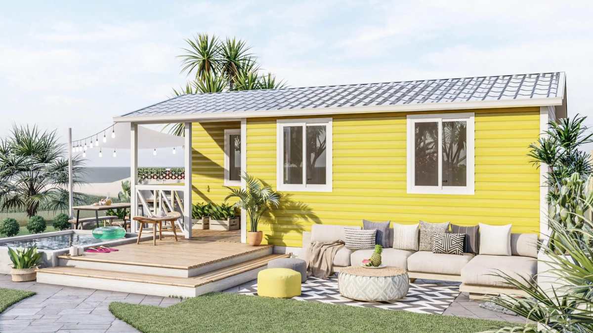 Exterior amarillo casa prefabricada living