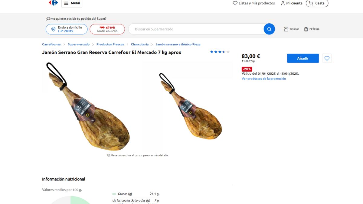 Jamón serrano en oferta en Carrefour