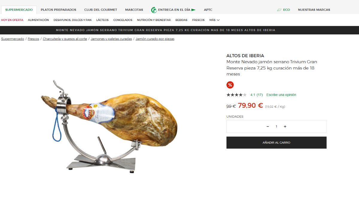 Oferta de jamón serrano en el corte inglés.
