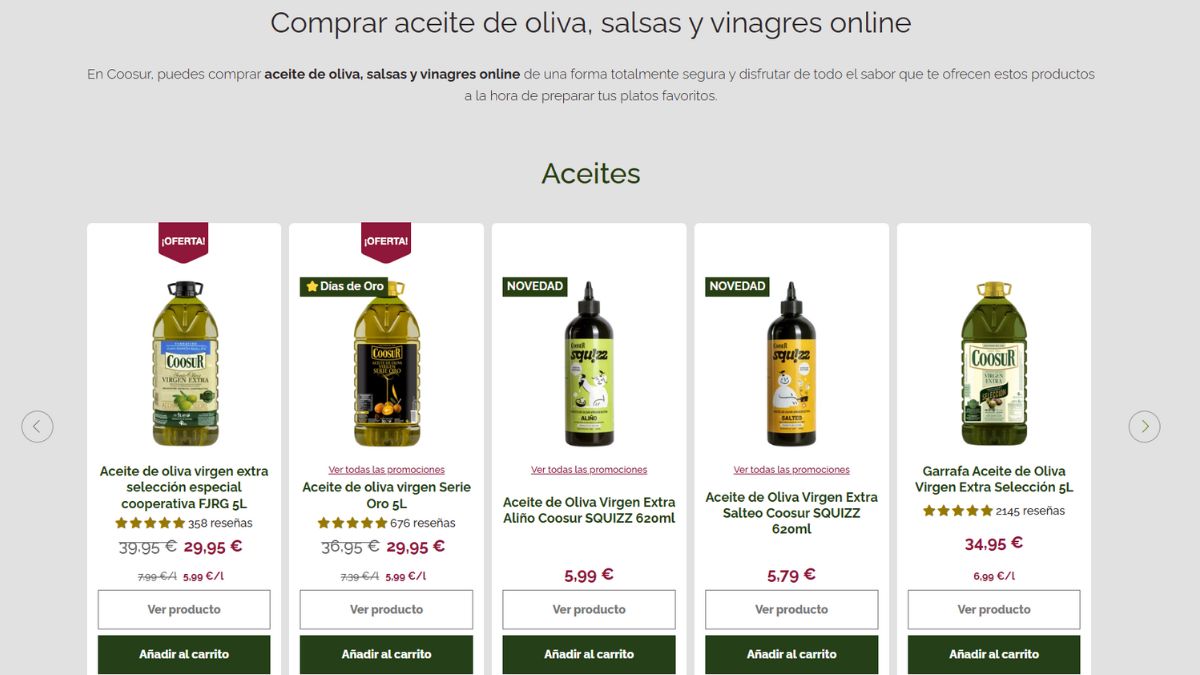 Oferta de aceite de oliva virgen extra de coosur en la web de la empresa