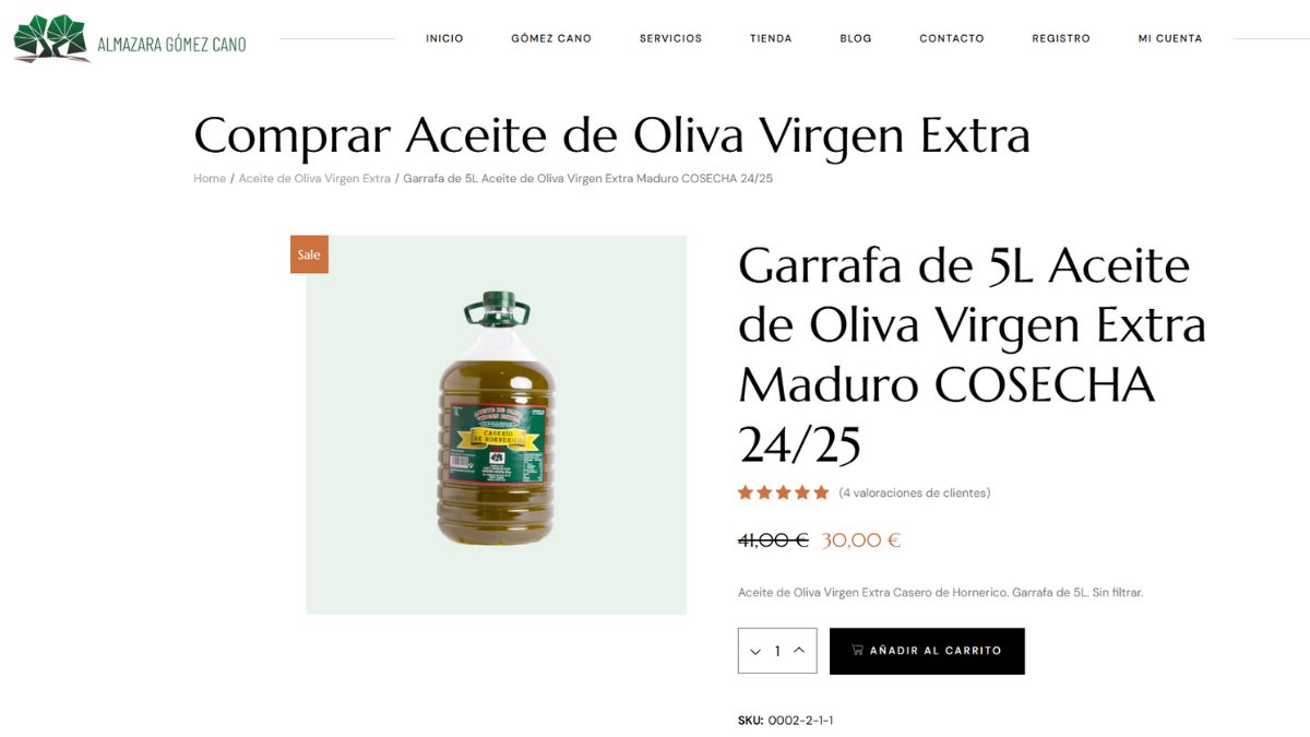 Pantalla con la oferta de aceite de oliva de la almazara.